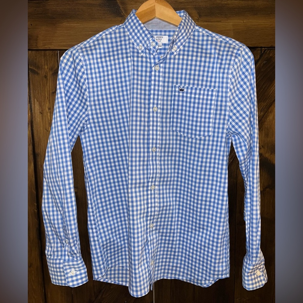 Crown & Ivy Boys Dress Shirt Blue & White Checked Collared Preppy Button Down